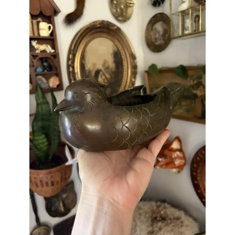 Antique Japanese Bronze Bird Bowl Bronze Planter Hand Etched Bird Vase